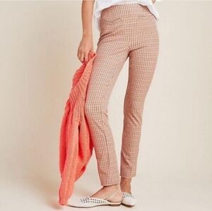 Anthropologie Size 6 Essential Slim Pants Cropped Pink Tan Tattersall Pockets